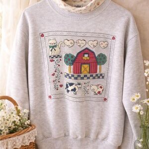 Vintage Farm Folk Art Sweatshirt Cottagecore USA Made M